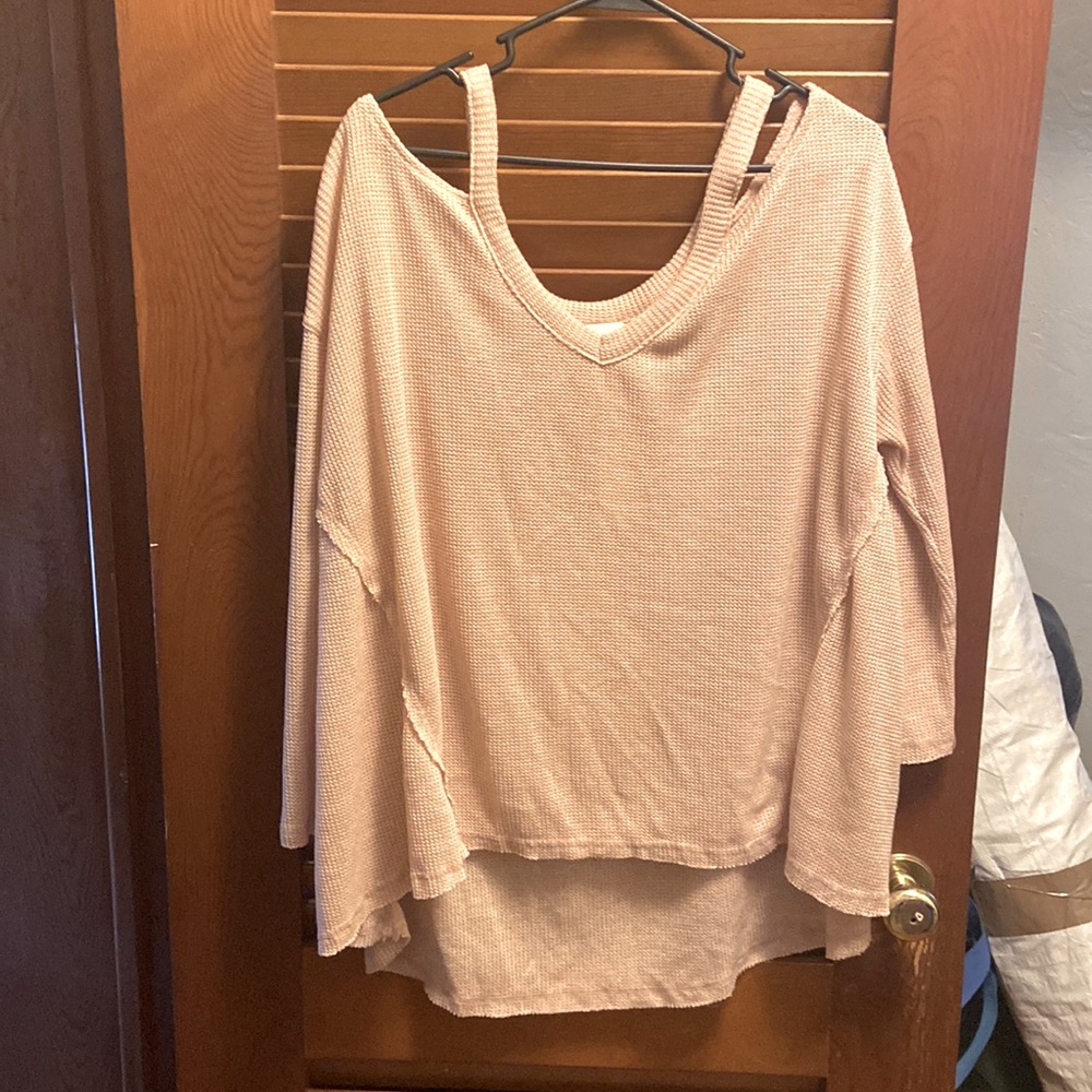Light pink off the shoulder delta sweater